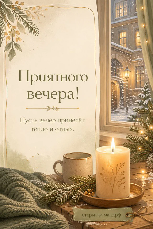 Открытка с горящей свечой, чашкой чая и еловыми ветками у окна с зимним пейзажем, надпись Приятного вечера — вариант 3