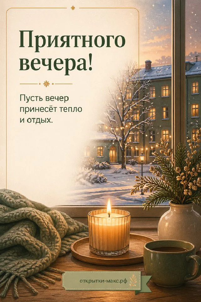 Открытка с горящей свечой, чашкой чая и еловыми ветками у окна с зимним пейзажем, надпись Приятного вечера — вариант 4