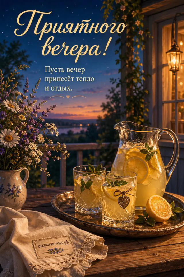 Открытка с горящей свечой, чашкой чая и еловыми ветками у окна с зимним пейзажем, надпись Приятного вечера — вариант 5