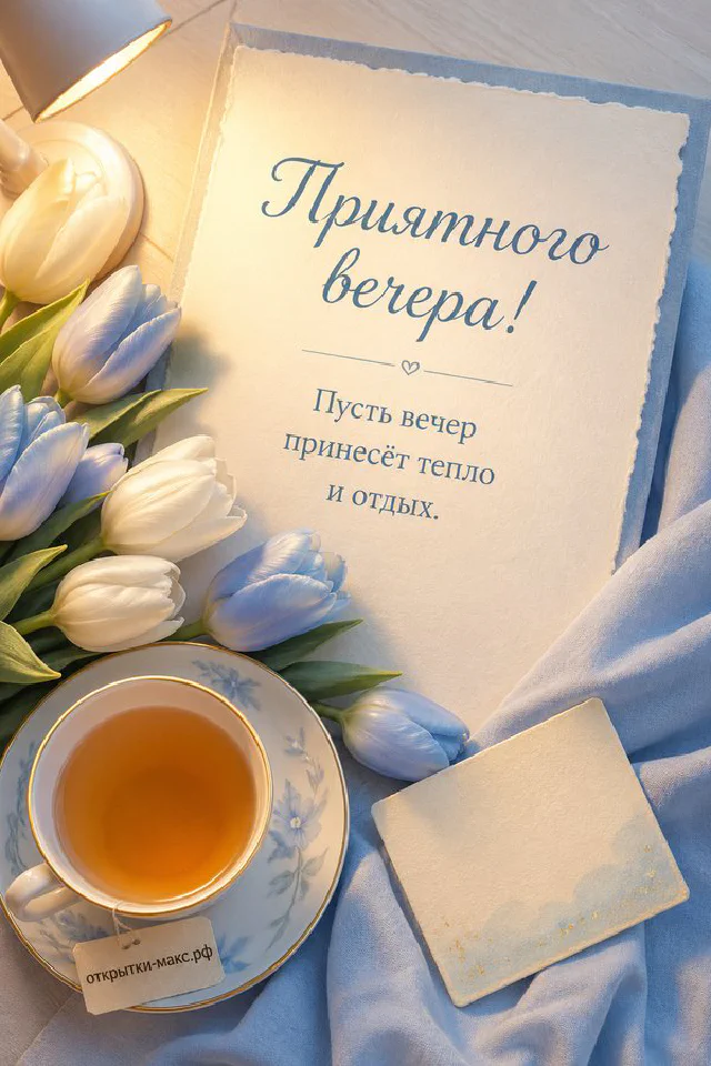 Открытка с горящей свечой, чашкой чая и еловыми ветками у окна с зимним пейзажем, надпись Приятного вечера — вариант 6
