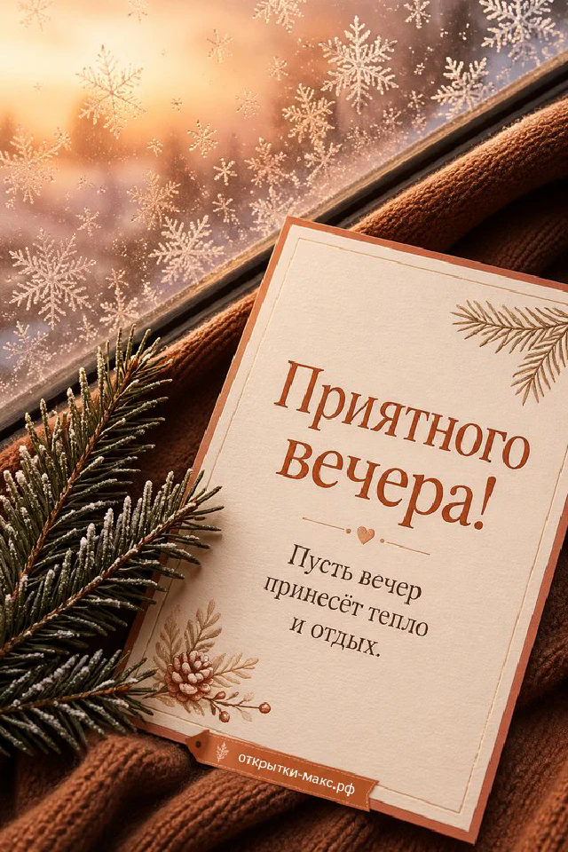 Открытка с горящей свечой, чашкой чая и еловыми ветками у окна с зимним пейзажем, надпись Приятного вечера — вариант 7