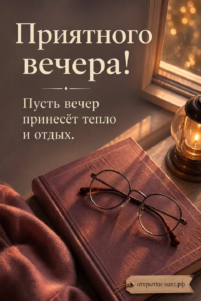 Открытка с горящей свечой, чашкой чая и еловыми ветками у окна с зимним пейзажем, надпись Приятного вечера — вариант 8
