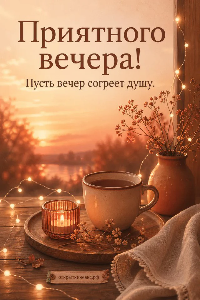 Глиняная ваза с сухоцветами, гирлянда и свеча у окна с осенним городским закатом, надпись Приятного вечера — вариант 3