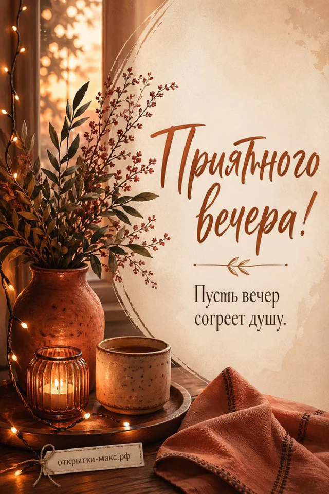 Глиняная ваза с сухоцветами, гирлянда и свеча у окна с осенним городским закатом, надпись Приятного вечера — вариант 4