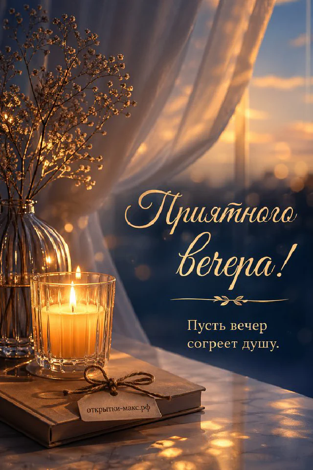 Глиняная ваза с сухоцветами, гирлянда и свеча у окна с осенним городским закатом, надпись Приятного вечера — вариант 5