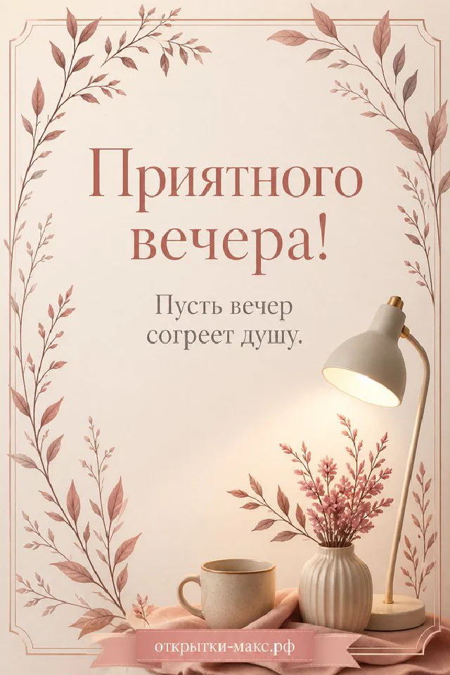 Глиняная ваза с сухоцветами, гирлянда и свеча у окна с осенним городским закатом, надпись Приятного вечера — вариант 6