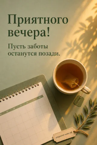 Открытка с белой кружкой зелёного чая, спиральным блокнотом и веткой оливы на сером фоне, надпись Приятного вечера