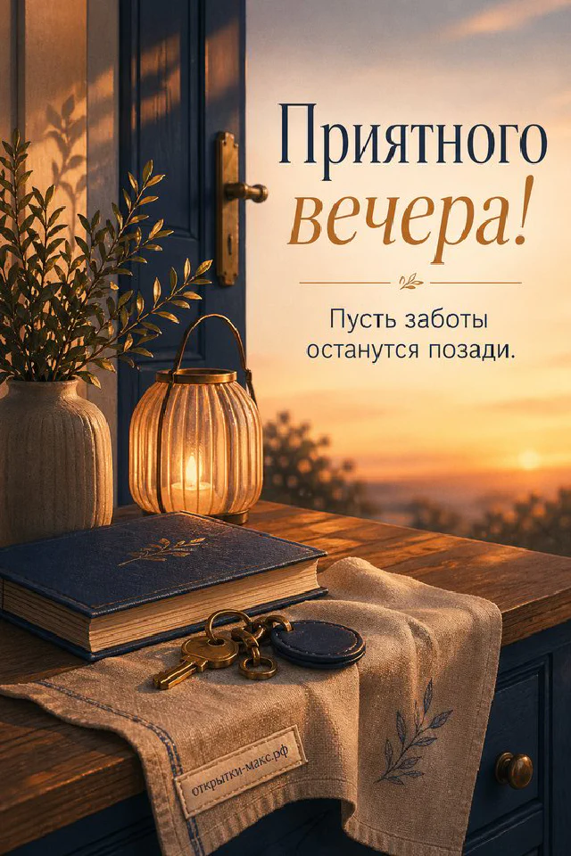 Открытка с белой кружкой зелёного чая, спиральным блокнотом и веткой оливы на сером фоне, надпись Приятного вечера — вариант 2