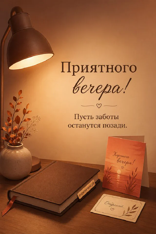 Открытка с белой кружкой зелёного чая, спиральным блокнотом и веткой оливы на сером фоне, надпись Приятного вечера — вариант 3