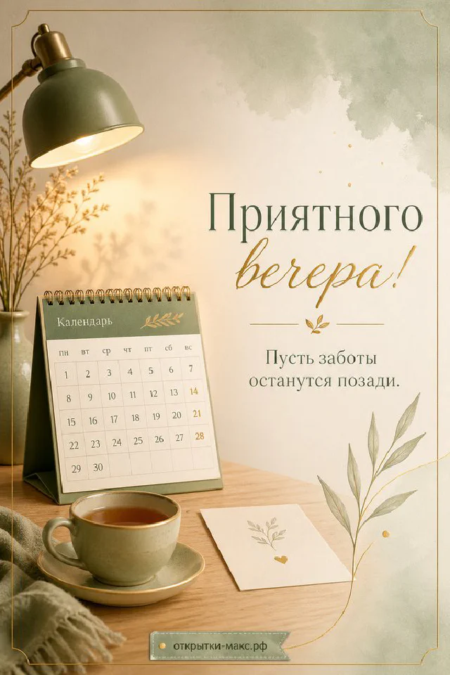 Открытка с белой кружкой зелёного чая, спиральным блокнотом и веткой оливы на сером фоне, надпись Приятного вечера — вариант 4