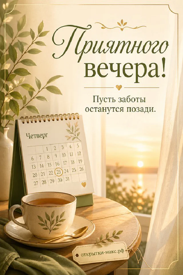 Открытка с белой кружкой зелёного чая, спиральным блокнотом и веткой оливы на сером фоне, надпись Приятного вечера — вариант 5