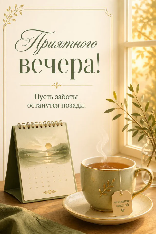Открытка с белой кружкой зелёного чая, спиральным блокнотом и веткой оливы на сером фоне, надпись Приятного вечера — вариант 6