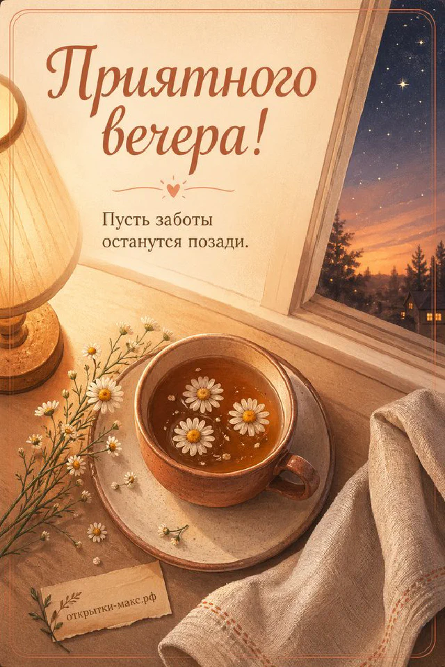 Открытка с белой кружкой зелёного чая, спиральным блокнотом и веткой оливы на сером фоне, надпись Приятного вечера — вариант 7