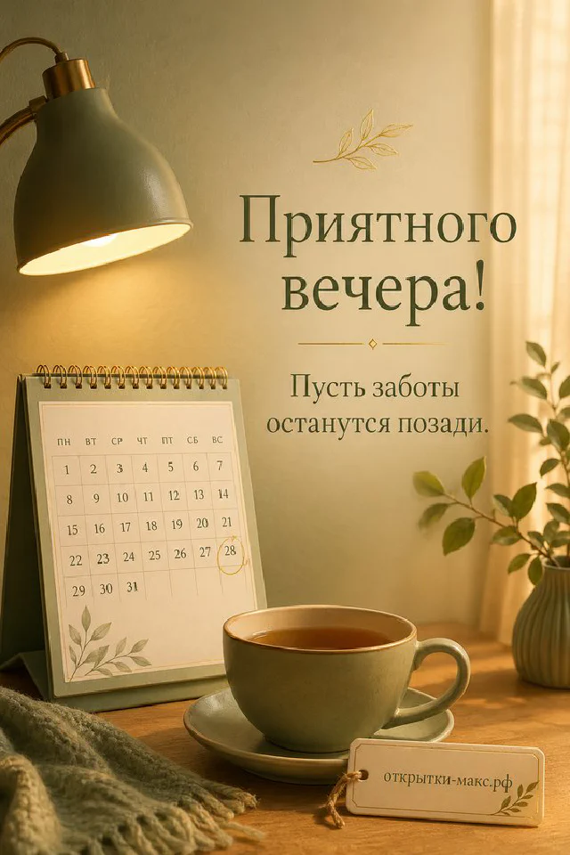 Открытка с белой кружкой зелёного чая, спиральным блокнотом и веткой оливы на сером фоне, надпись Приятного вечера — вариант 8