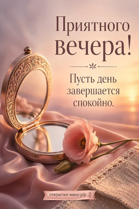 Золотое круглое зеркало и розовый цветок эустомы на нежной шёлковой розовой ткани, закат на горизонте