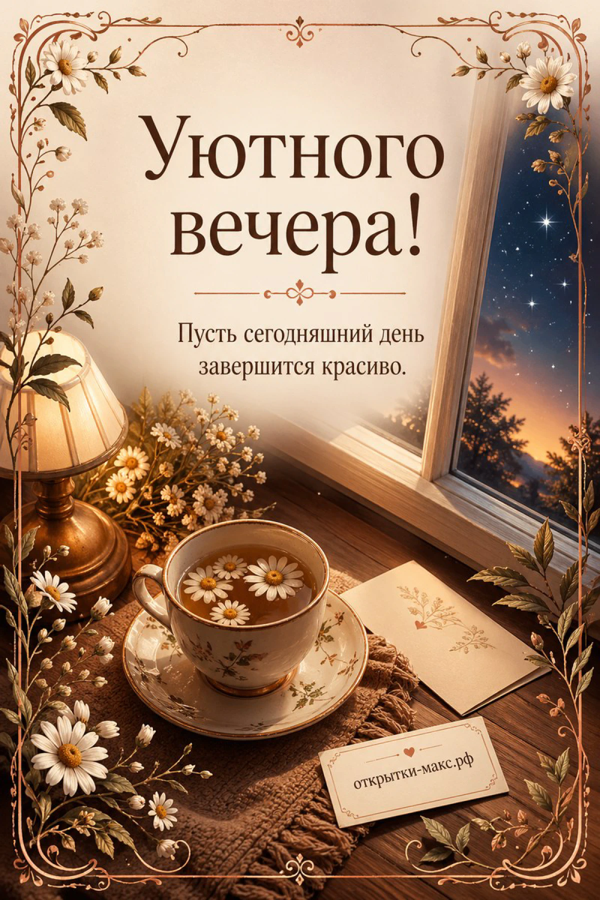 Чашка чая с ромашками на столе и звёздное ночное небо за тёмным окном в орнаментальной рамке