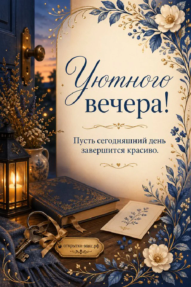 Чашка чая с ромашками на столе и звёздное ночное небо за тёмным окном в орнаментальной рамке — вариант 2