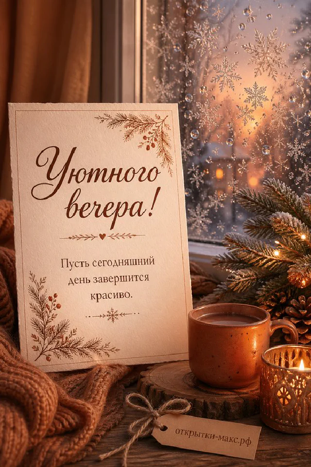 Чашка чая с ромашками на столе и звёздное ночное небо за тёмным окном в орнаментальной рамке — вариант 3