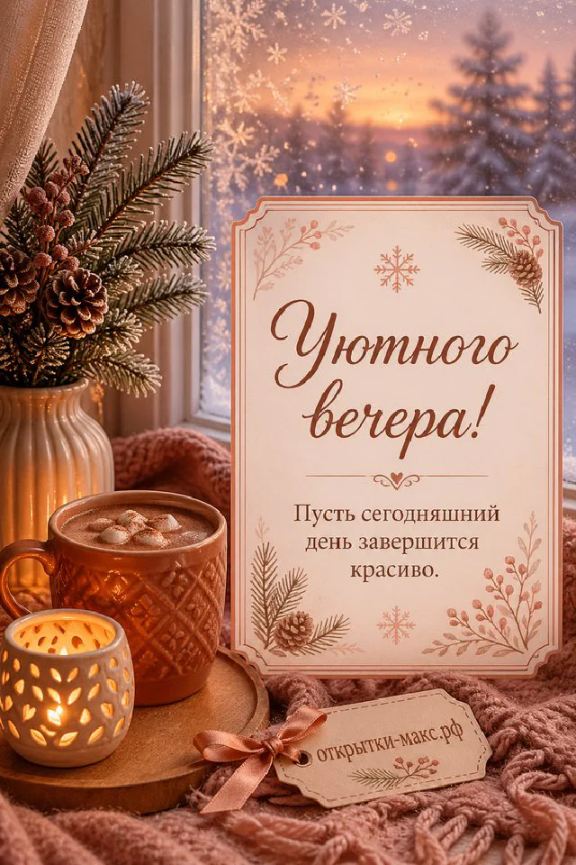 Чашка чая с ромашками на столе и звёздное ночное небо за тёмным окном в орнаментальной рамке — вариант 5