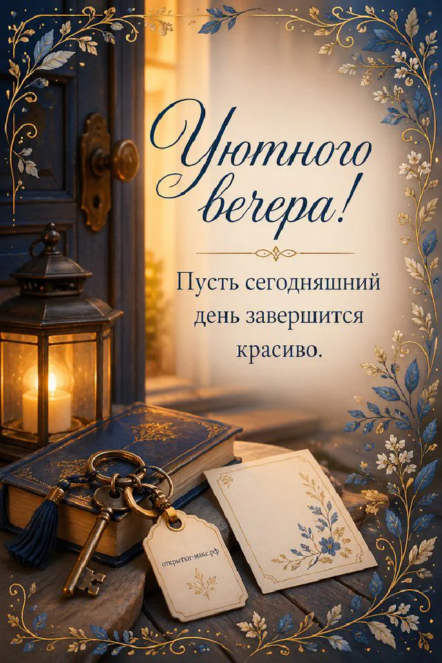 Чашка чая с ромашками на столе и звёздное ночное небо за тёмным окном в орнаментальной рамке — вариант 6