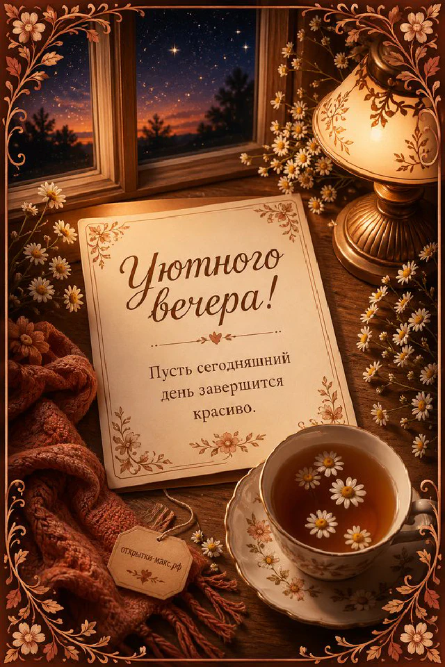 Чашка чая с ромашками на столе и звёздное ночное небо за тёмным окном в орнаментальной рамке — вариант 7