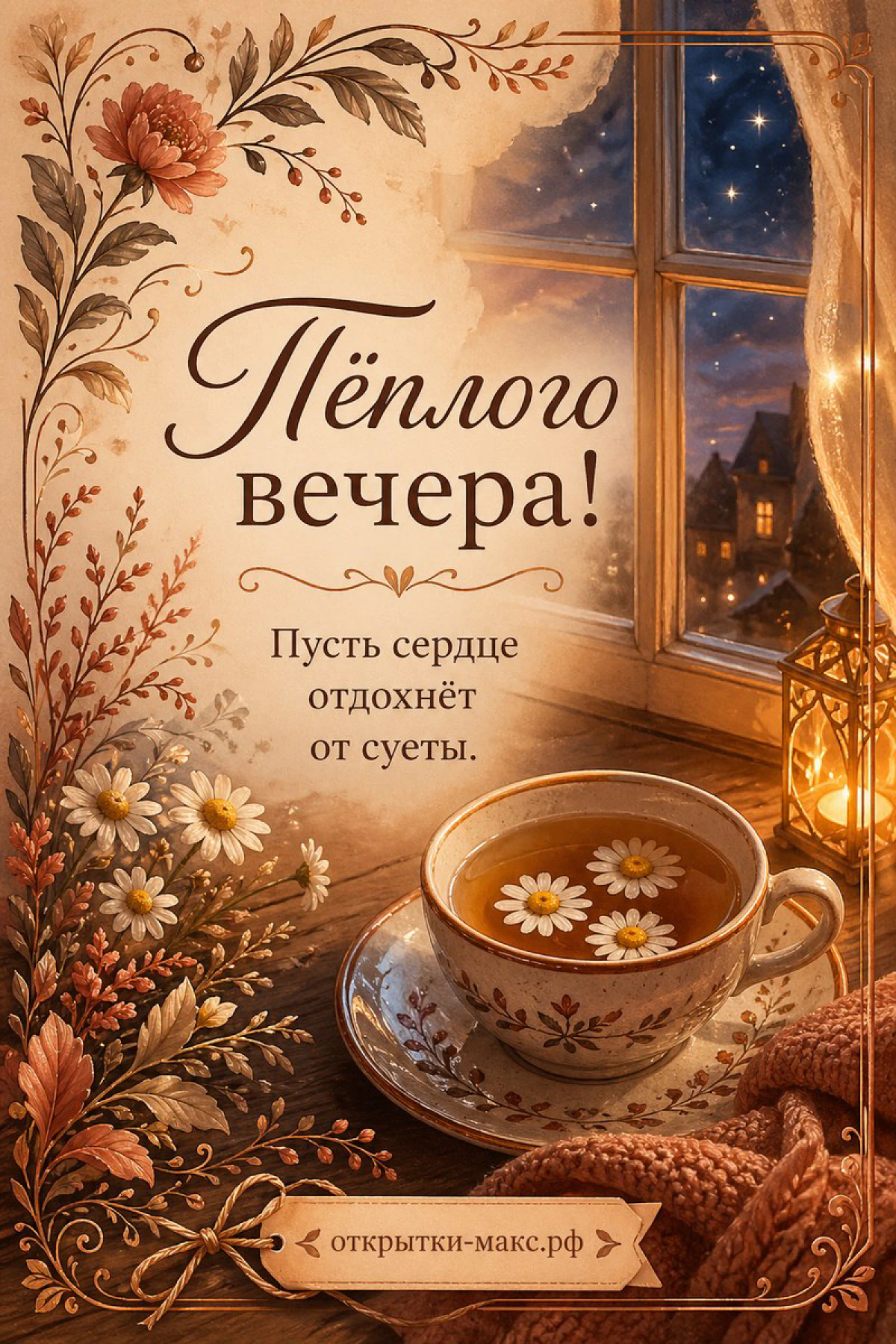 Чашка чая с ромашками и фонарь на деревянном столе в осеннем вечернем свете