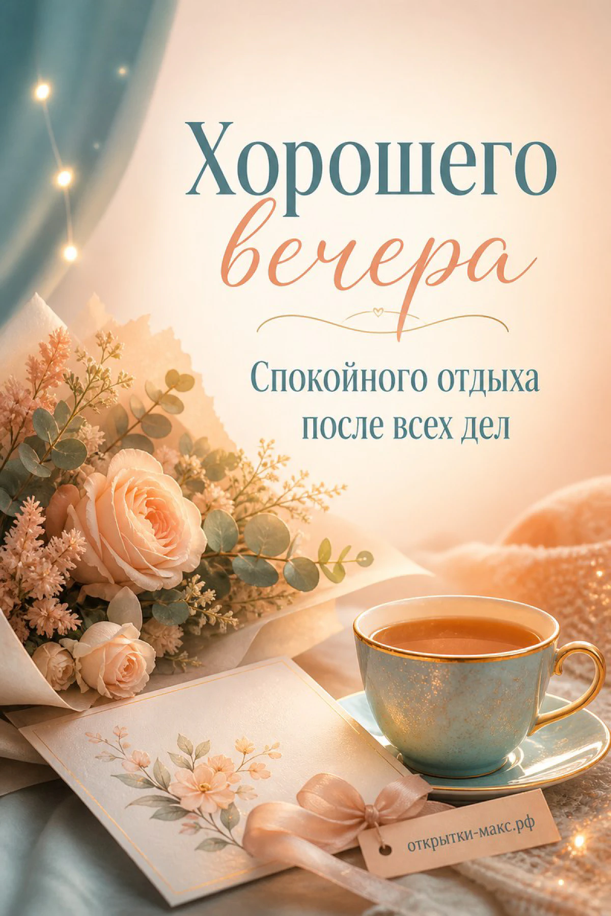 Букет персиковых роз с эвкалиптом, бирюзовая чашка с чаем и вечерняя подсветка