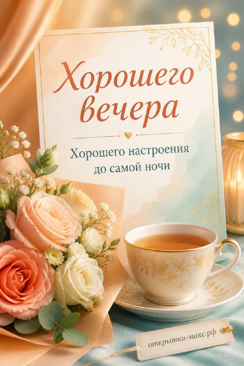 Открытка с текстом на светлом фоне рядом с персиковыми розами и чашкой чая с гирляндой