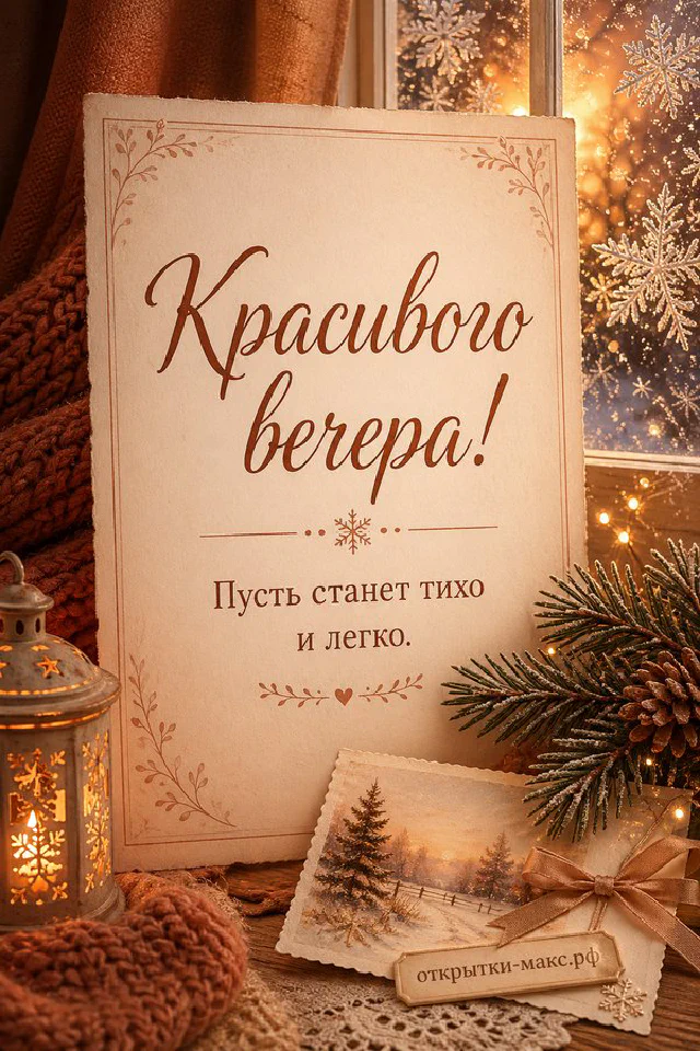 Чашка чая на подоконнике у окна с розовым вечерним закатом и видом на городские крыши с огнями — вариант 4