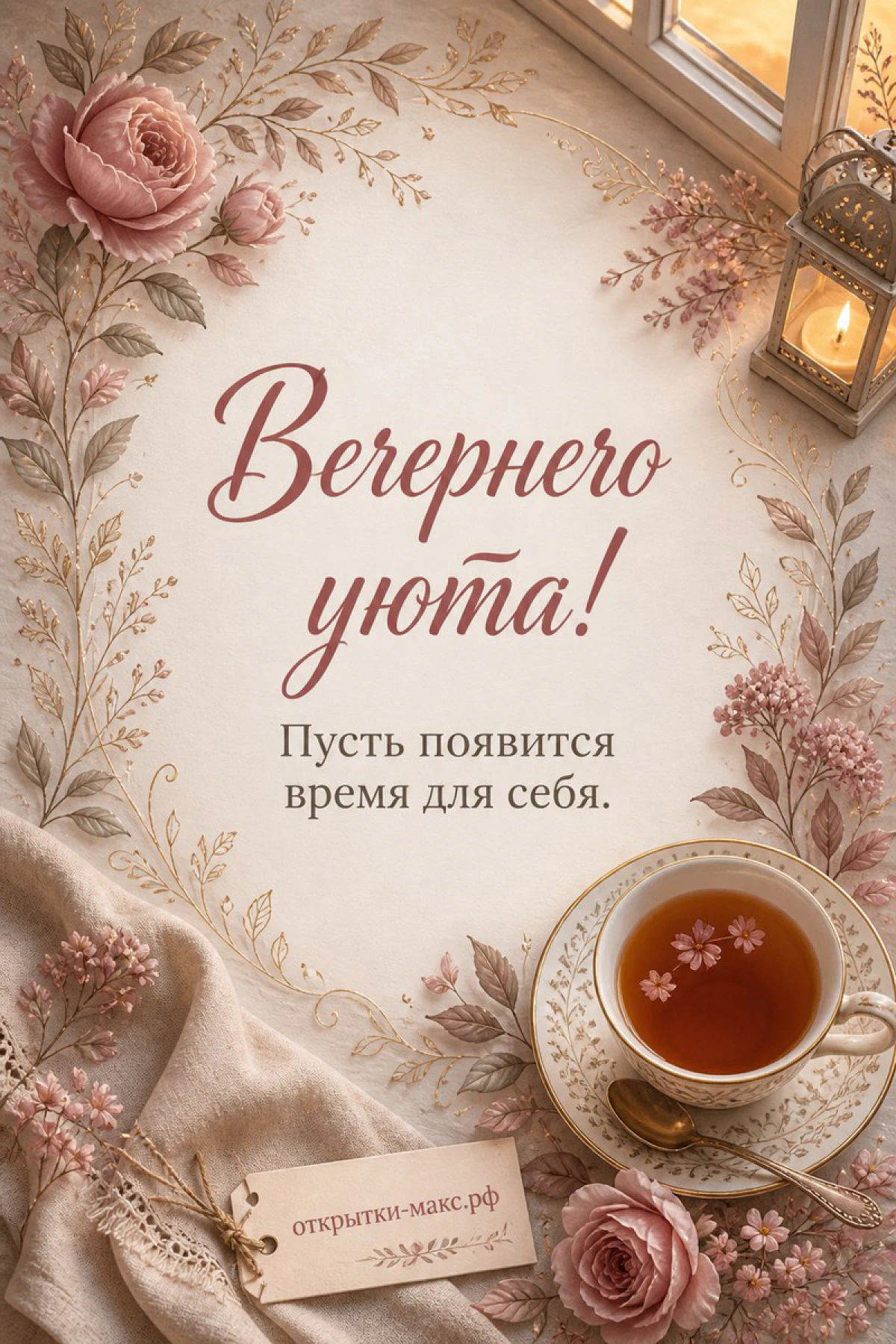 Фарфоровая чашка с чаем, нежные розовые розы и золотой фонарь на бежевом фоне с цветочными ветками