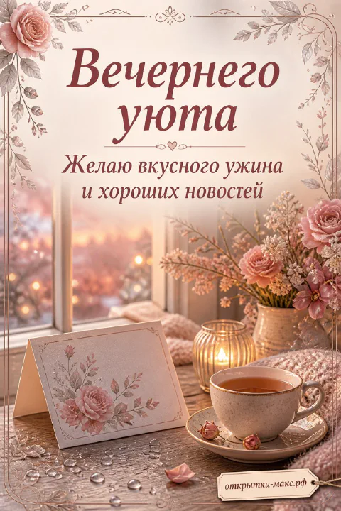 Букет розовых роз в вазе, чашка чая и горящая свеча у окна с вечерними огнями
