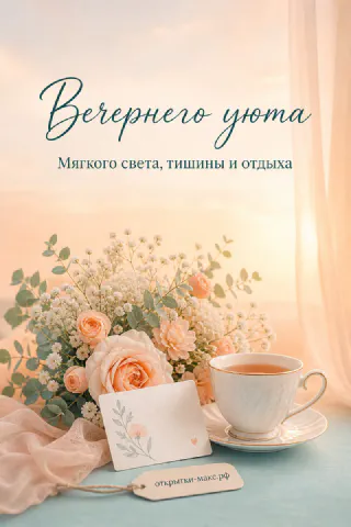 Персиковые розы в вазе и чашка чая на фоне розового закатного неба через тюль