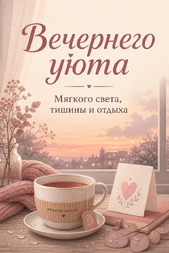 Персиковые розы в вазе и чашка чая на фоне розового закатного неба через тюль — вариант 2