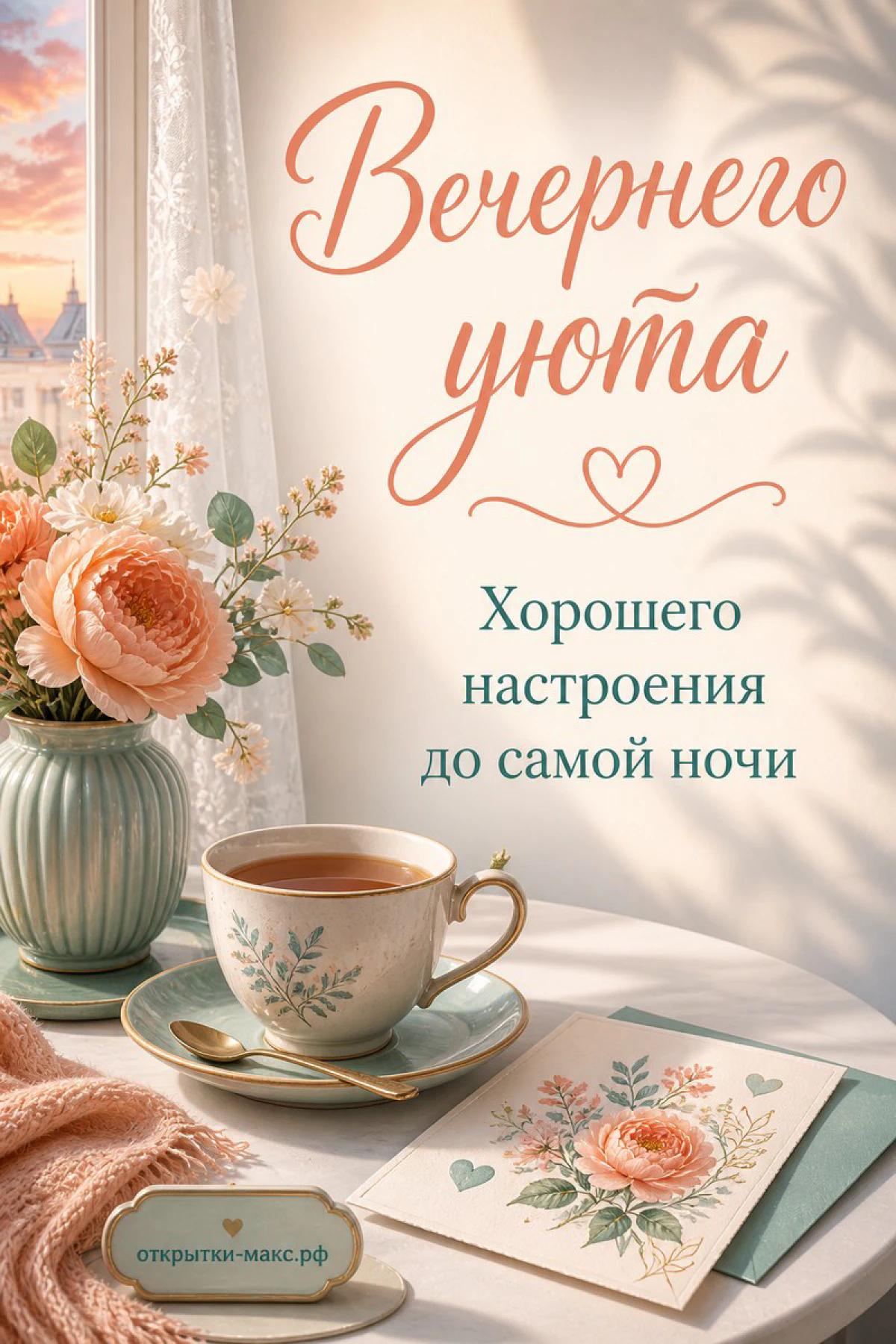 Пышные персиковые розы, чашка чая с блюдцем и маленькая открытка с розой на светлом фоне у окна