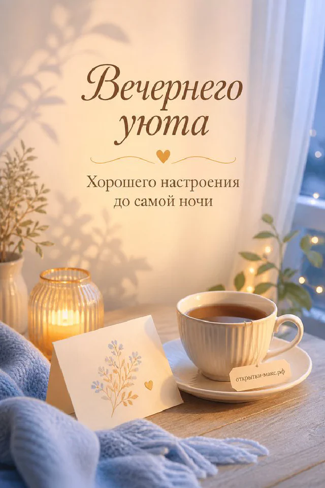 Пышные персиковые розы, чашка чая с блюдцем и маленькая открытка с розой на светлом фоне у окна — вариант 2