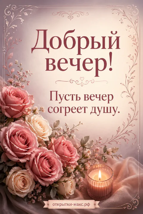 Букет розовых и персиковых роз с гипсофилой и горящая свеча на светлом пастельном фоне с надписью Добрый вечер