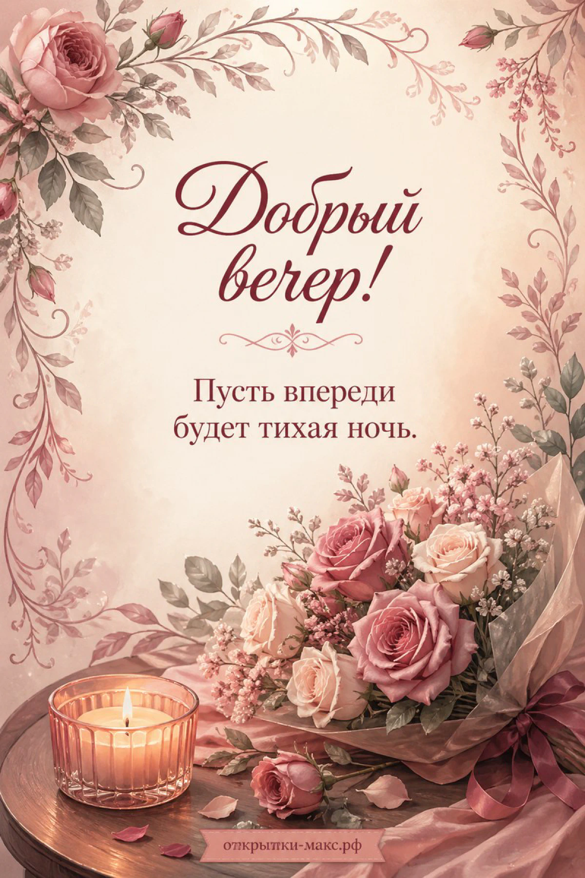 Пышный букет розовых роз и горящая свеча в стакане на фоне растительного орнамента в розово-персиковых тонах