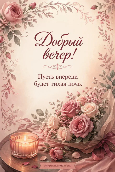 Пышный букет розовых роз и горящая свеча в стакане на фоне растительного орнамента в розово-персиковых тонах