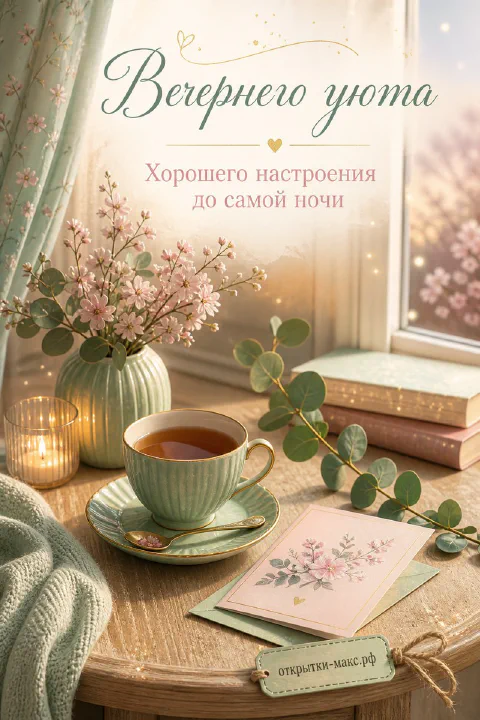 Чашка чая, ветка розовой сакуры, стопка книг и маленькая открытка с цветком на столе у окна