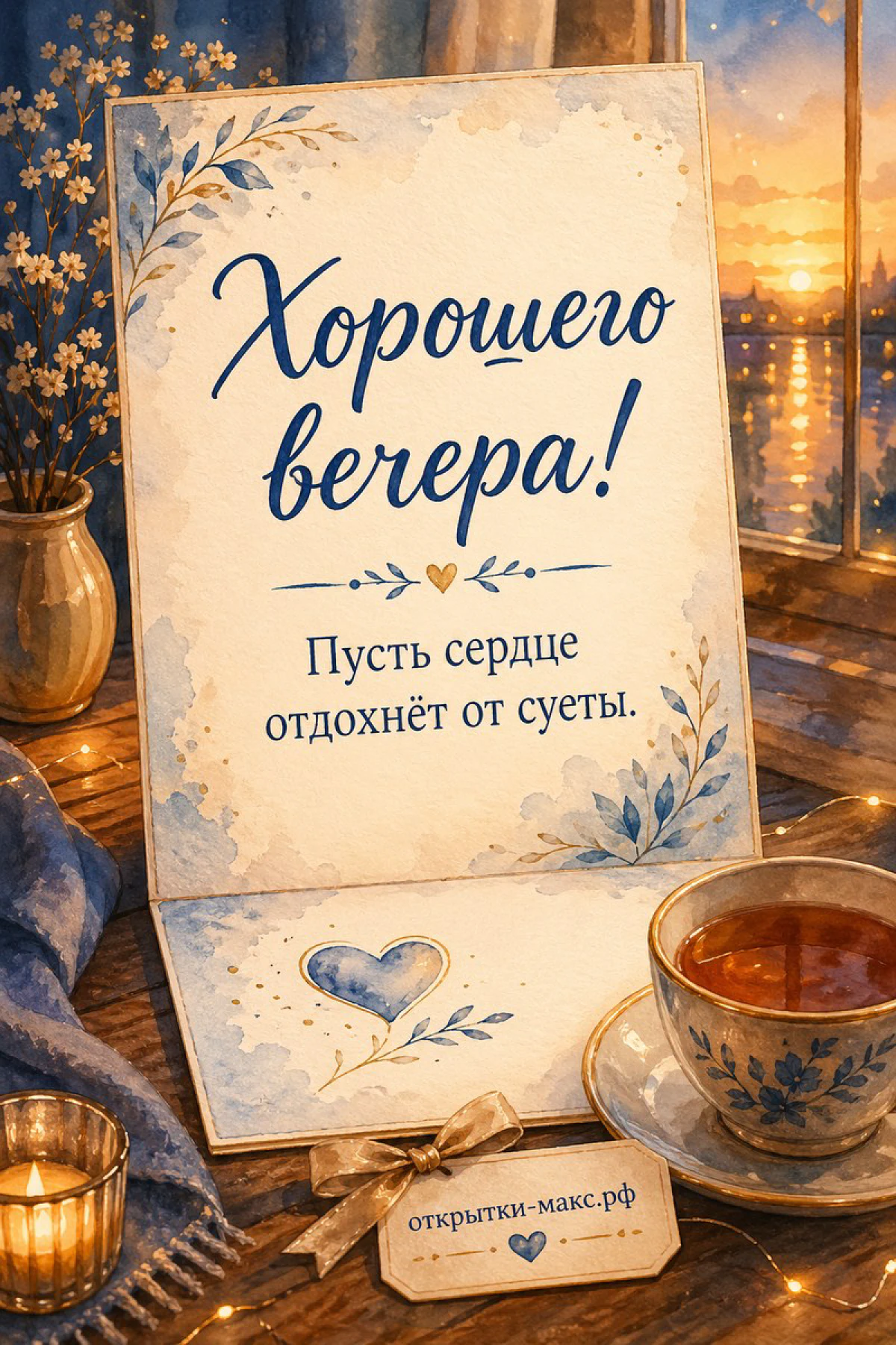Акварельная открытка с чашкой чая, синим орнаментом и золотым закатом за окном