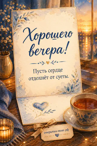Акварельная открытка с чашкой чая, синим орнаментом и золотым закатом за окном