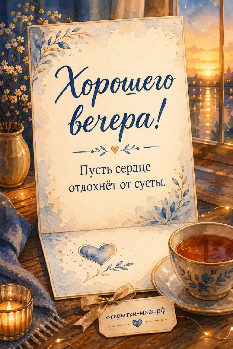 Акварельная открытка с чашкой чая, синим орнаментом и золотым закатом за окном