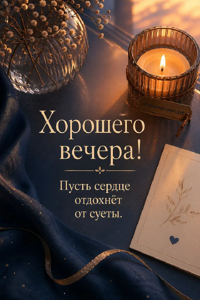 Акварельная открытка с чашкой чая, синим орнаментом и золотым закатом за окном — вариант 2
