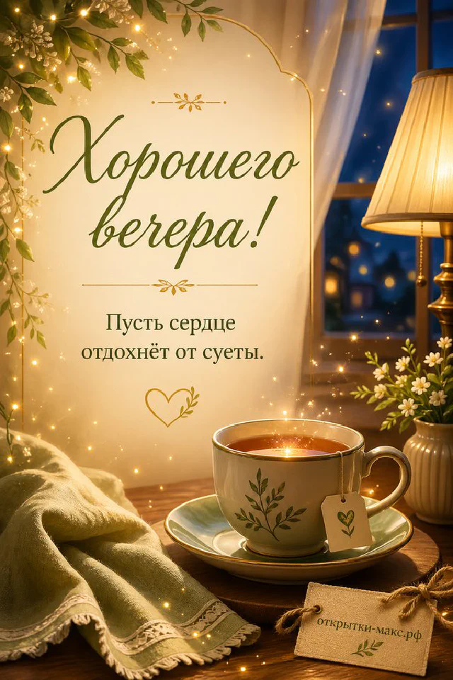 Акварельная открытка с чашкой чая, синим орнаментом и золотым закатом за окном — вариант 3