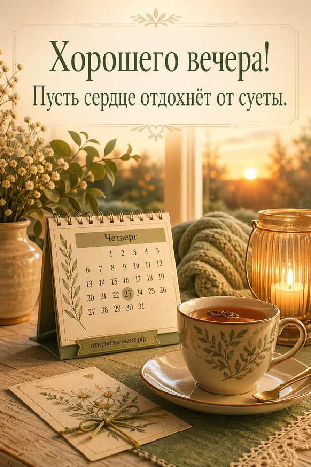Акварельная открытка с чашкой чая, синим орнаментом и золотым закатом за окном — вариант 4