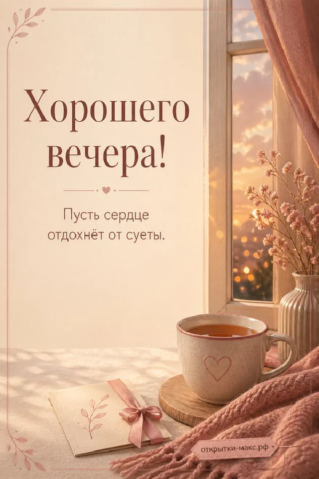 Акварельная открытка с чашкой чая, синим орнаментом и золотым закатом за окном — вариант 8