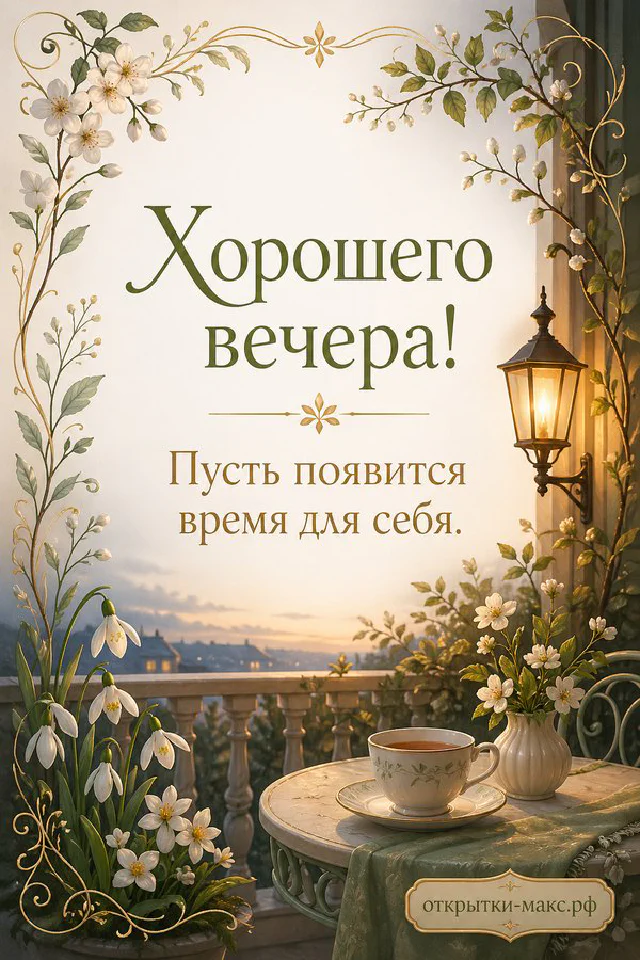 Букет сирени в вазе на столе с лампой и чашкой чая у вечернего окна — вариант 3