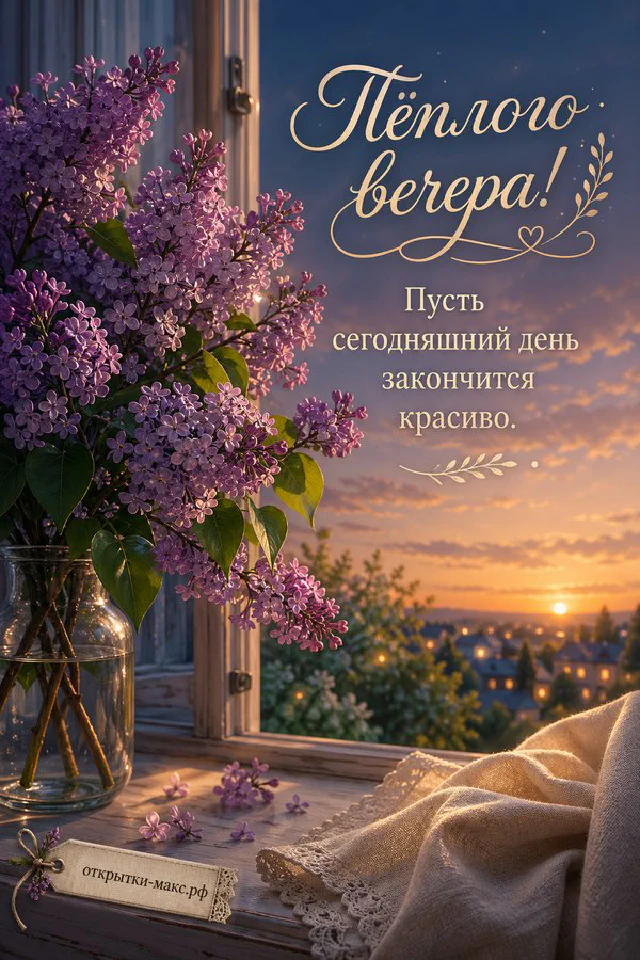 Букет сирени в стеклянной вазе у открытого окна с летними сумерками и огнями — вариант 2