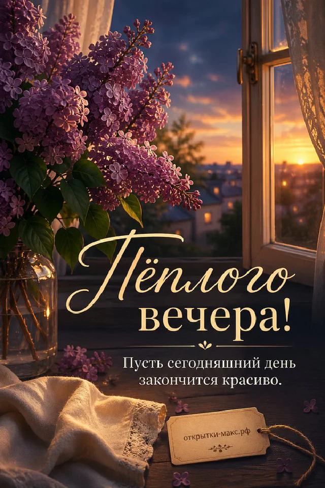 Букет сирени в стеклянной вазе у открытого окна с летними сумерками и огнями — вариант 4