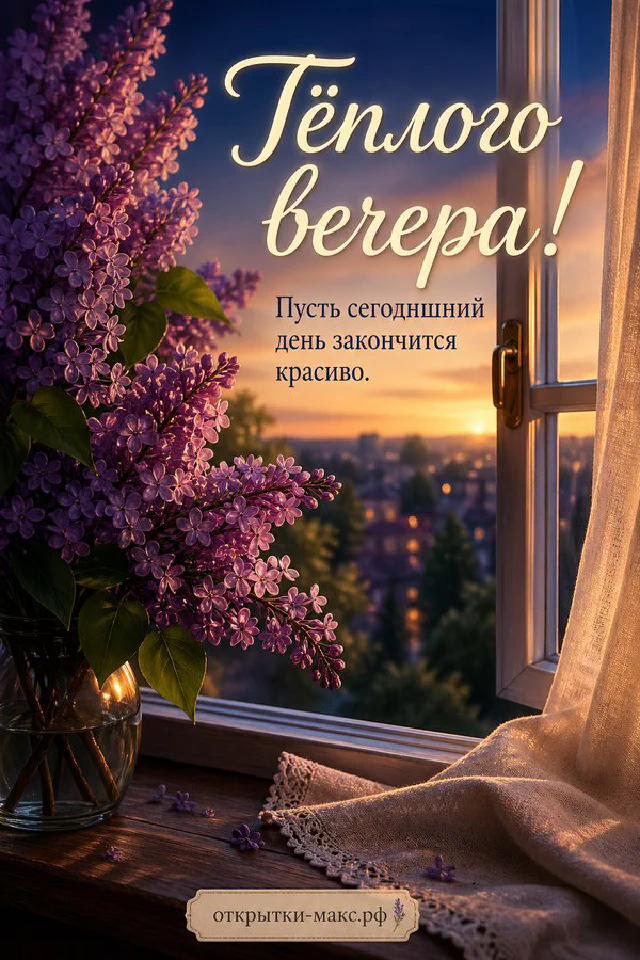Букет сирени в стеклянной вазе у открытого окна с летними сумерками и огнями — вариант 8
